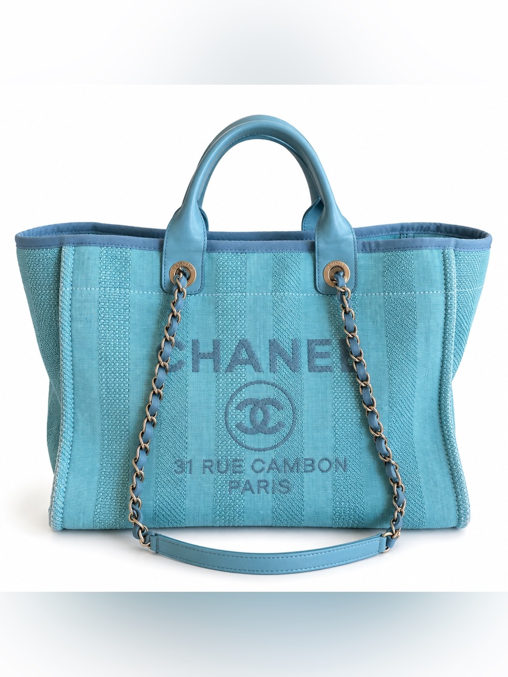 Chanel Deauville Large Tote Bag Blue Canvas Leather Gold Hardware